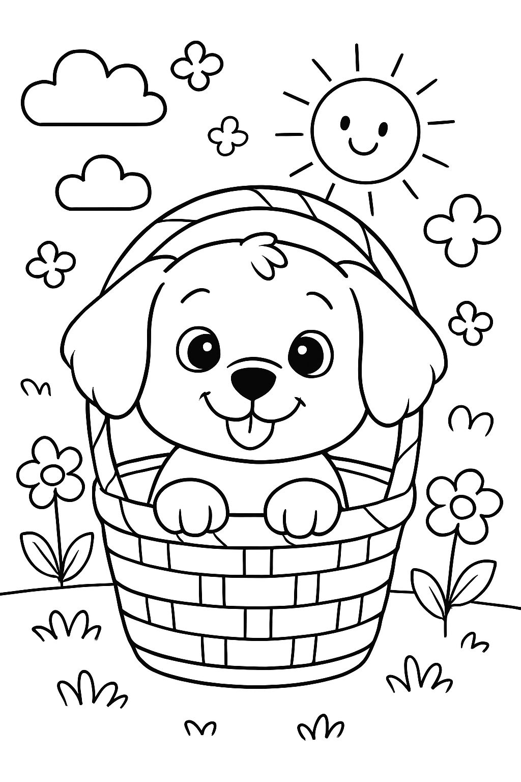 Free printable cute doggie in basket coloring page for kids