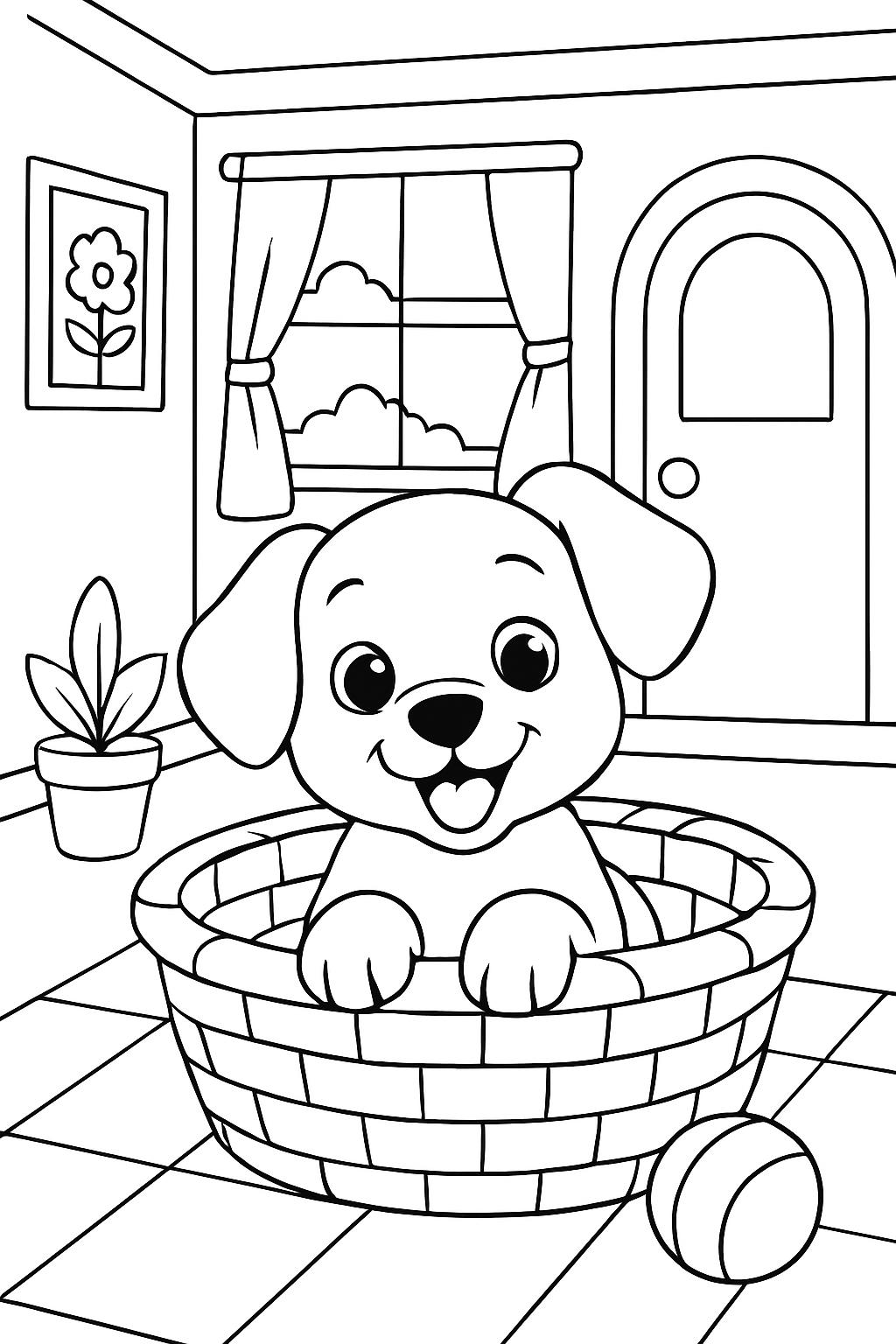 Free printable cute doggie in basket inside a house coloring page for kids