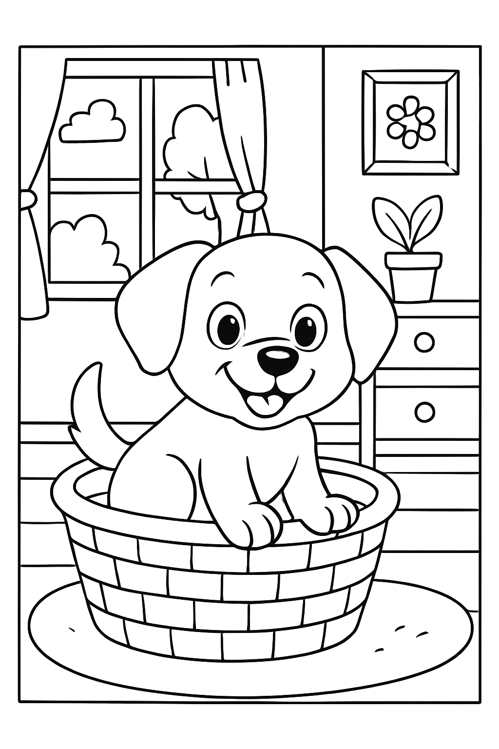 Free printable cute doggie in basket inside a house coloring page for kids
