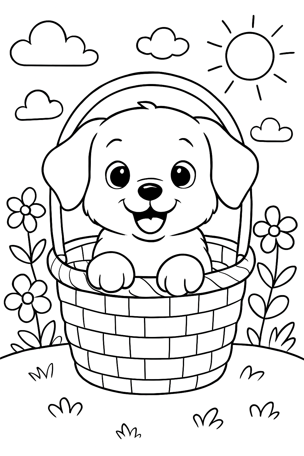 Free printable cute doggie in basket coloring page for kids