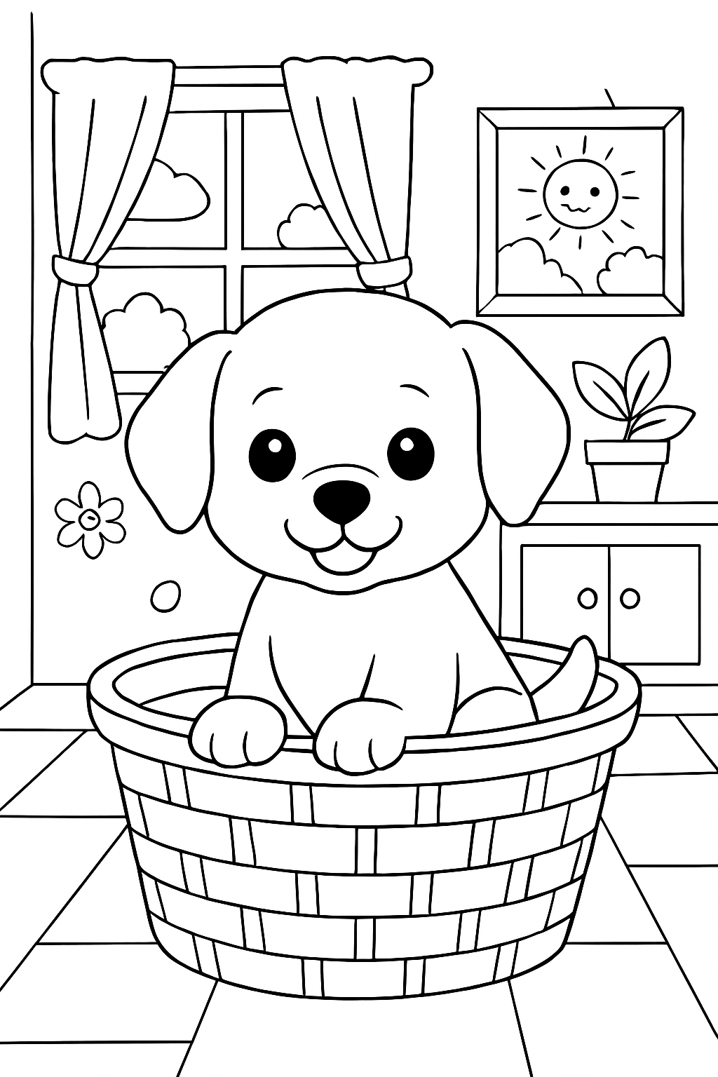 Free printable cute doggie in basket inside a house coloring page for kids