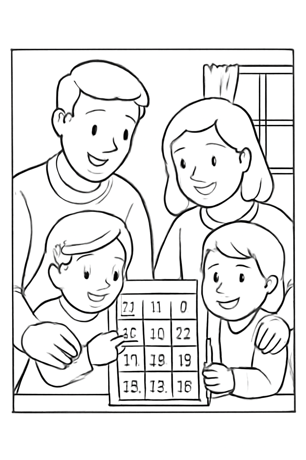 Free printable family opening a simple Advent calendar together coloring page