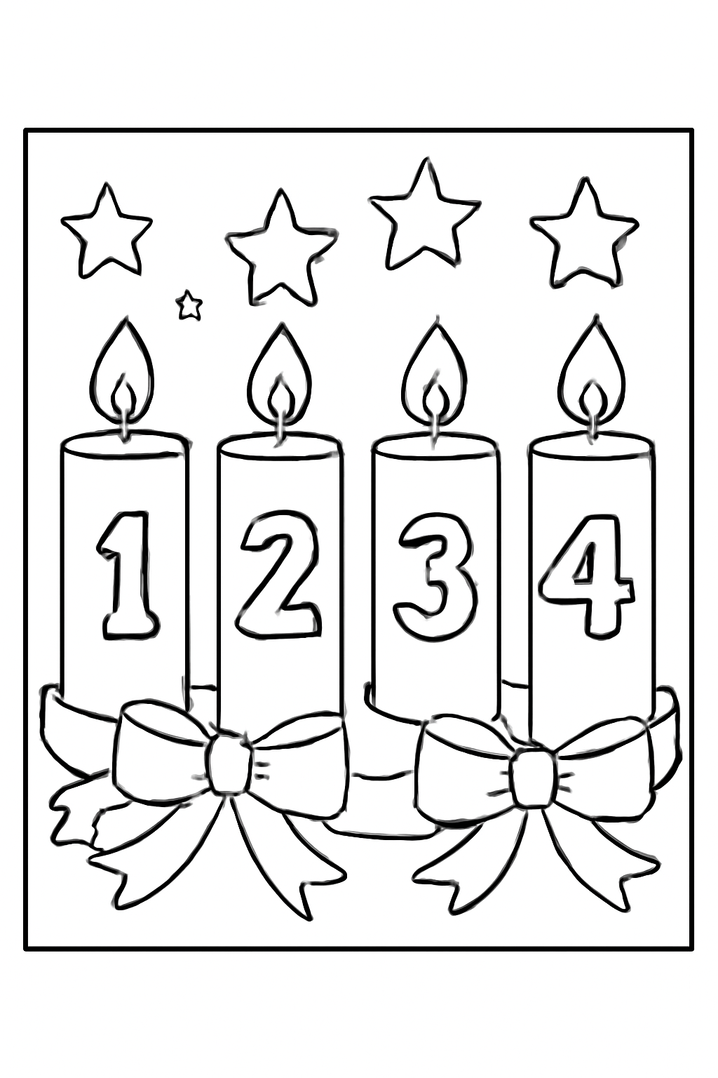 Free printable Advent candles one to four with stars and ribbons coloring page for kids