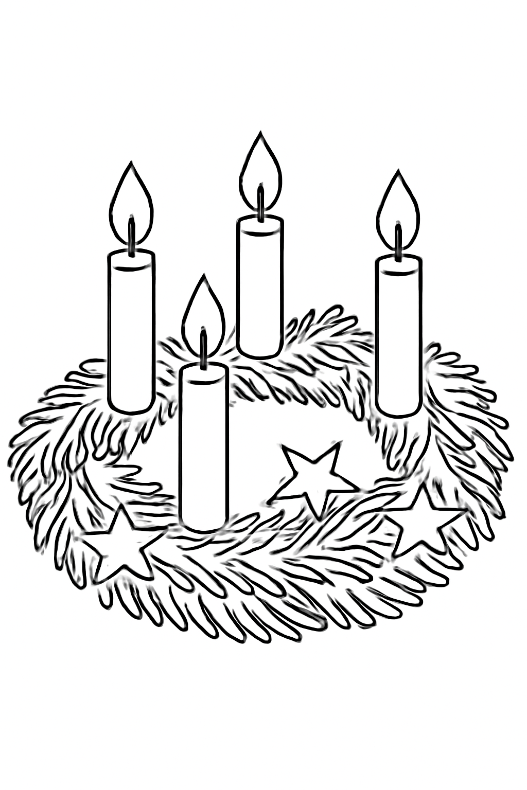 Free printable Advent wreath with four candles evergreen branches and stars coloring page