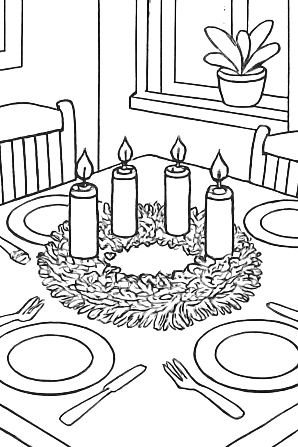Free printable Advent wreath centerpiece on a family dinner table coloring page for kids