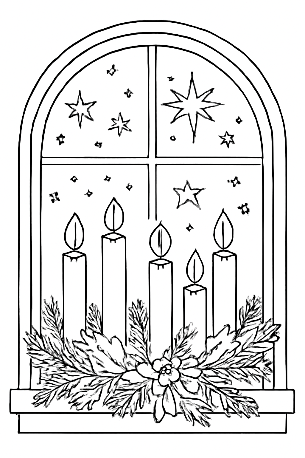 Free printable peaceful Advent window with candles stars and winter greenery coloring page