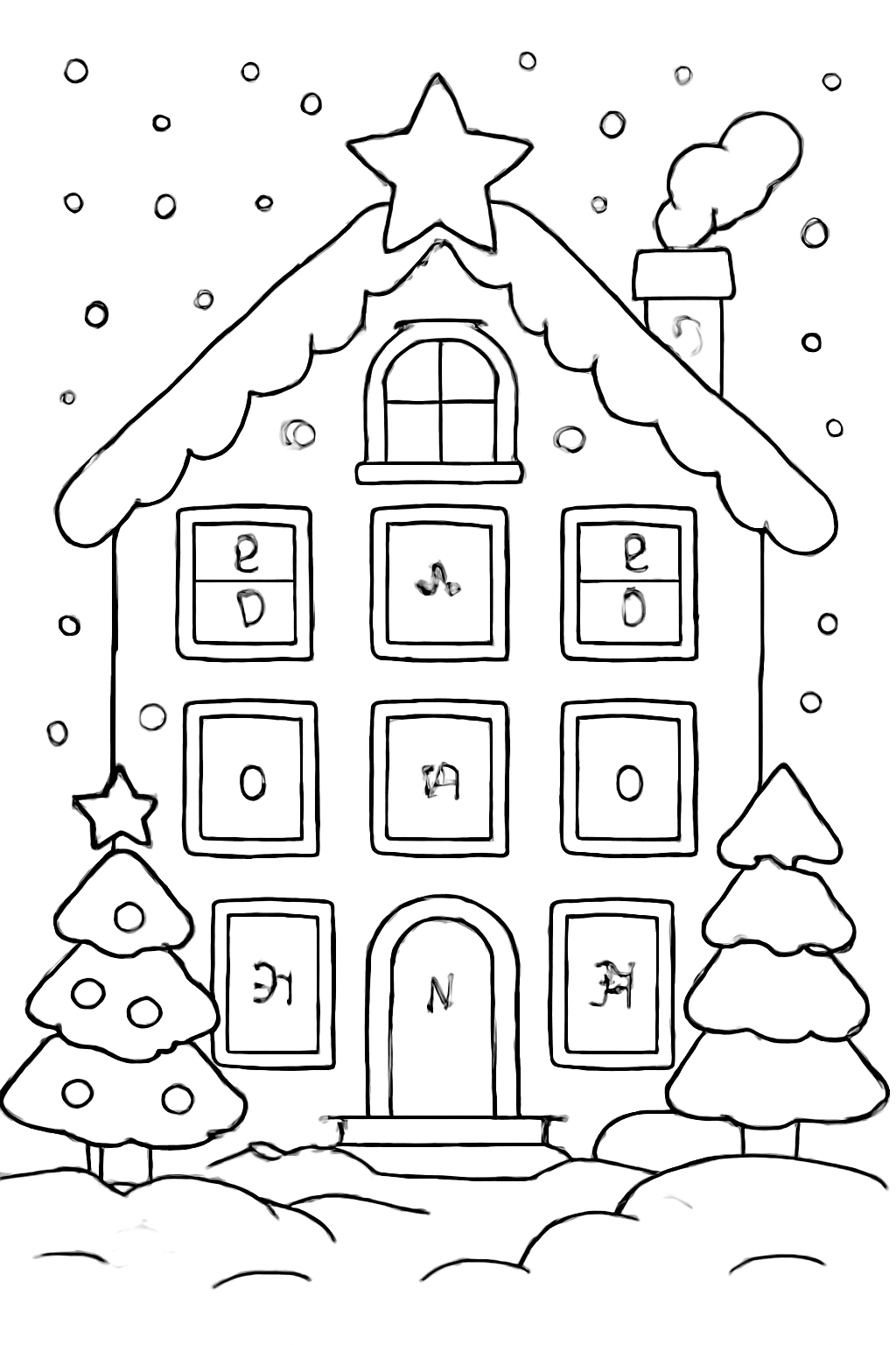 Free printable Advent calendar house with numbered doors and snow coloring page for kids