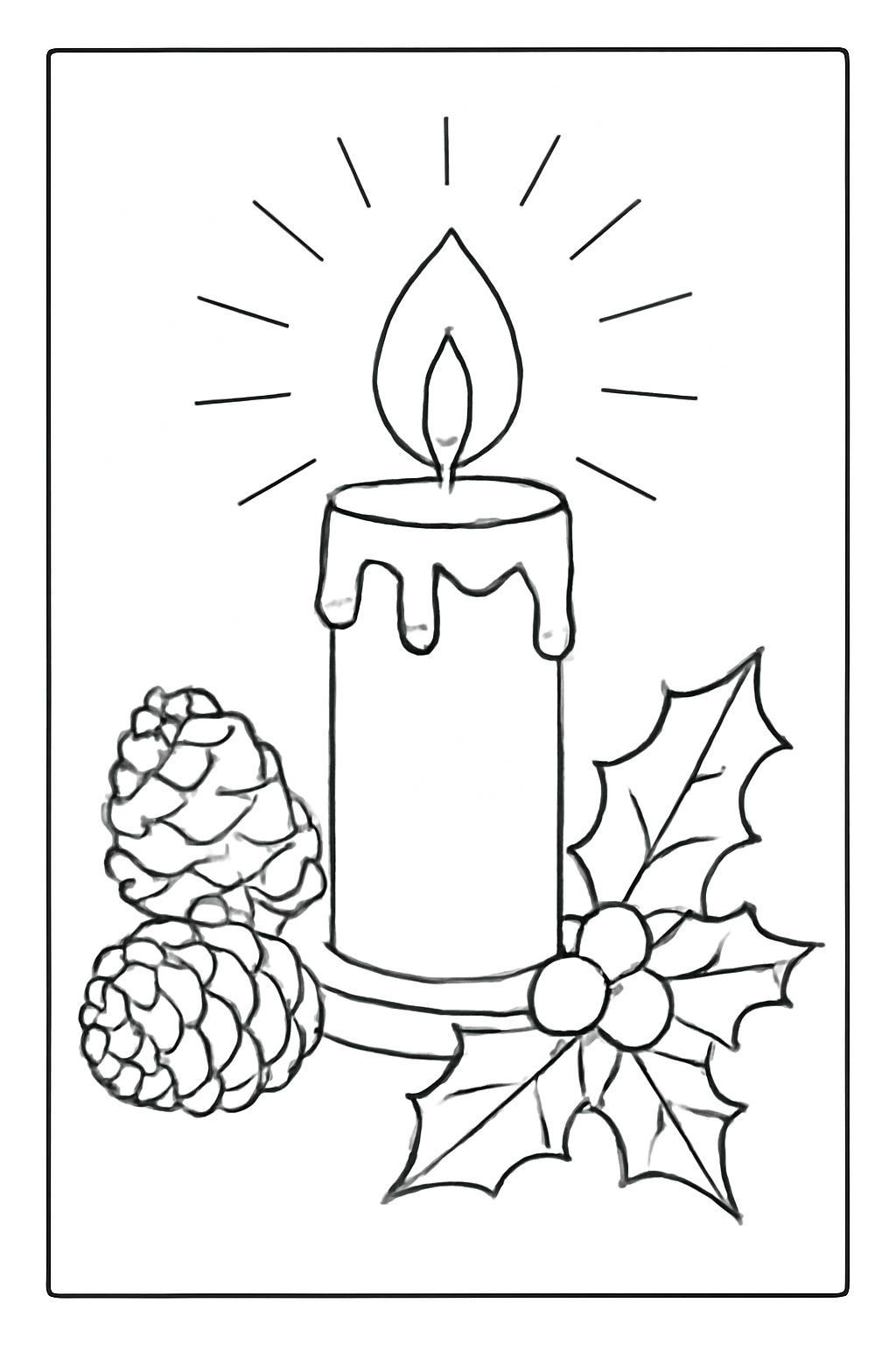 Free printable Advent candle glowing beside pinecones and holly coloring page for kids