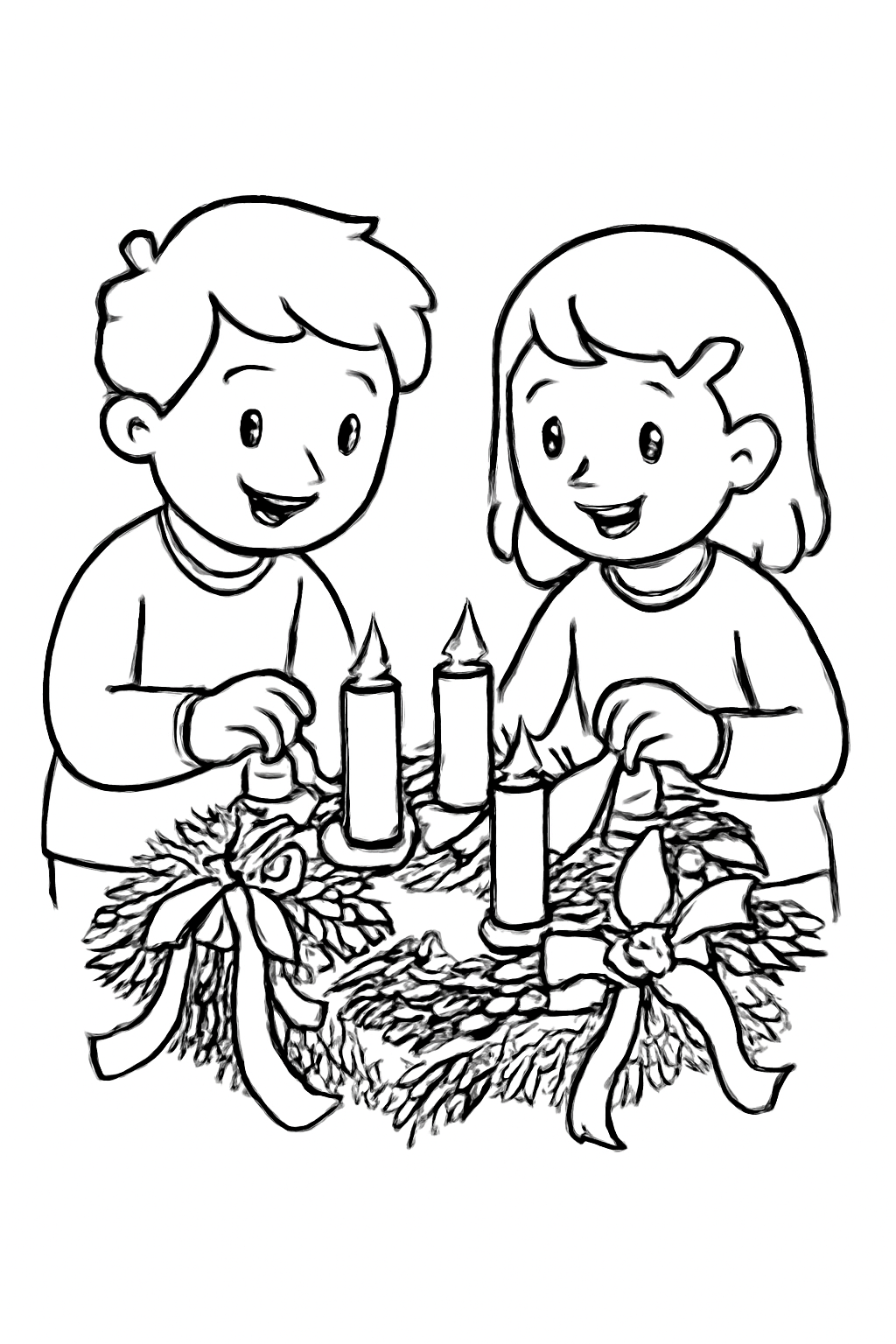 Free printable children decorating an Advent wreath with ribbons and pinecones coloring page