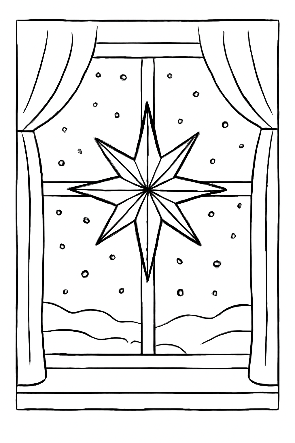 Free printable Advent star light glowing in a snowy window coloring page for kids