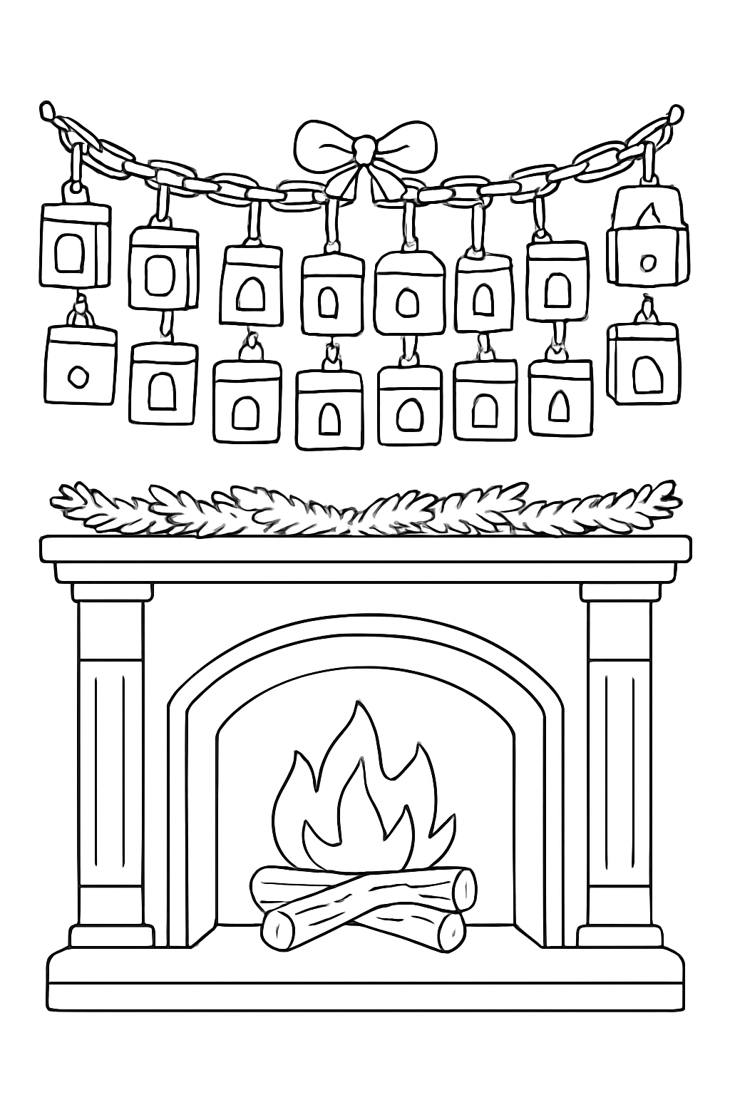 Free printable Advent paper chain countdown hanging over a fireplace coloring page for kids