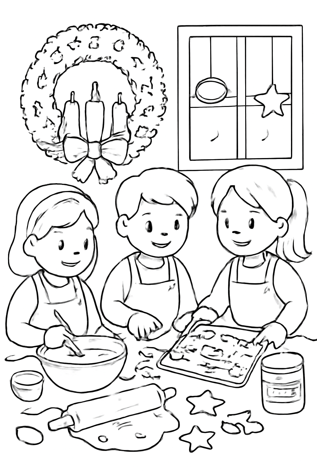 Free printable children baking spiced cookies during Advent coloring page for kids