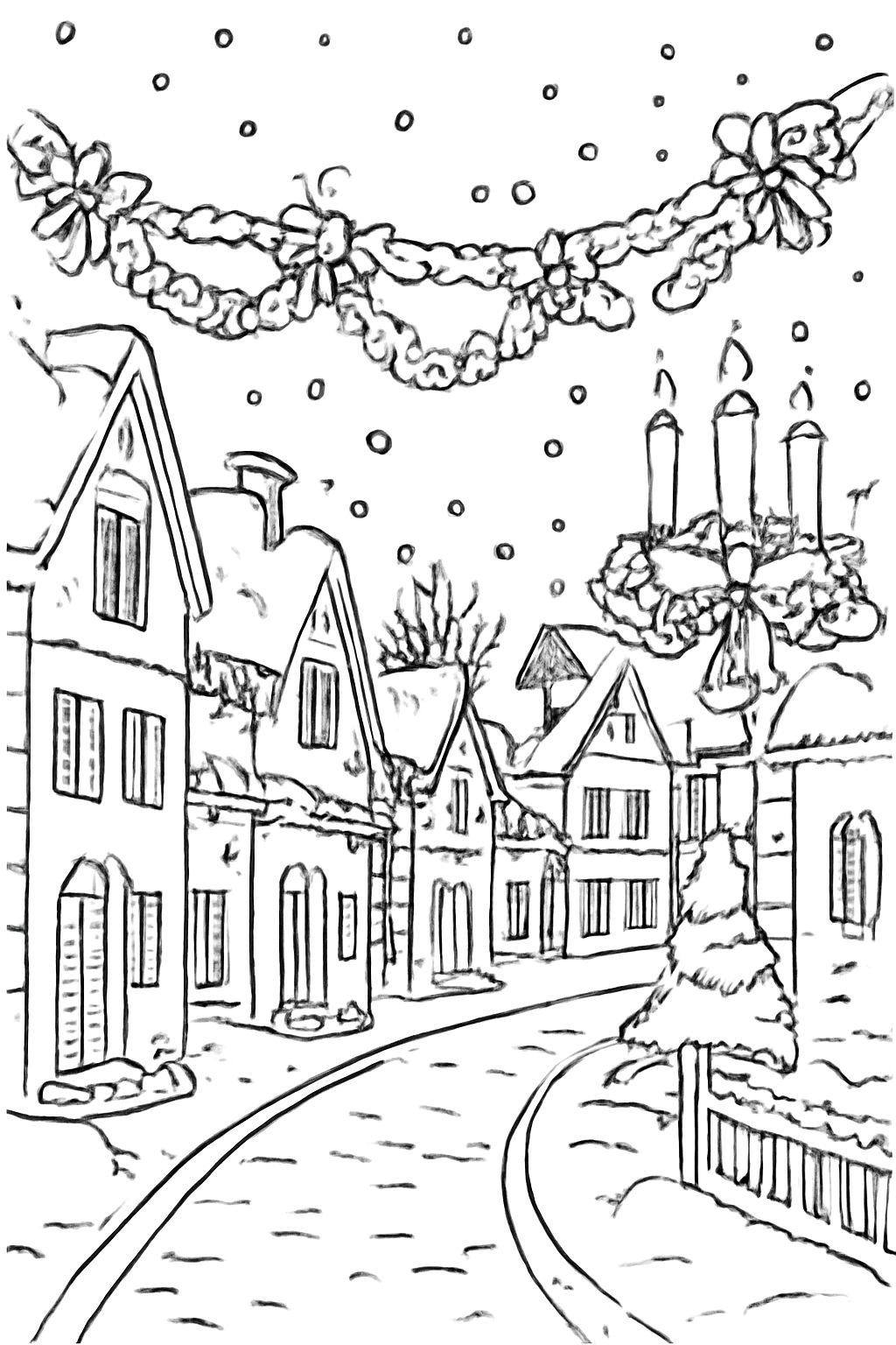 Free printable snowy village street decorated for Advent with garlands coloring page for kids