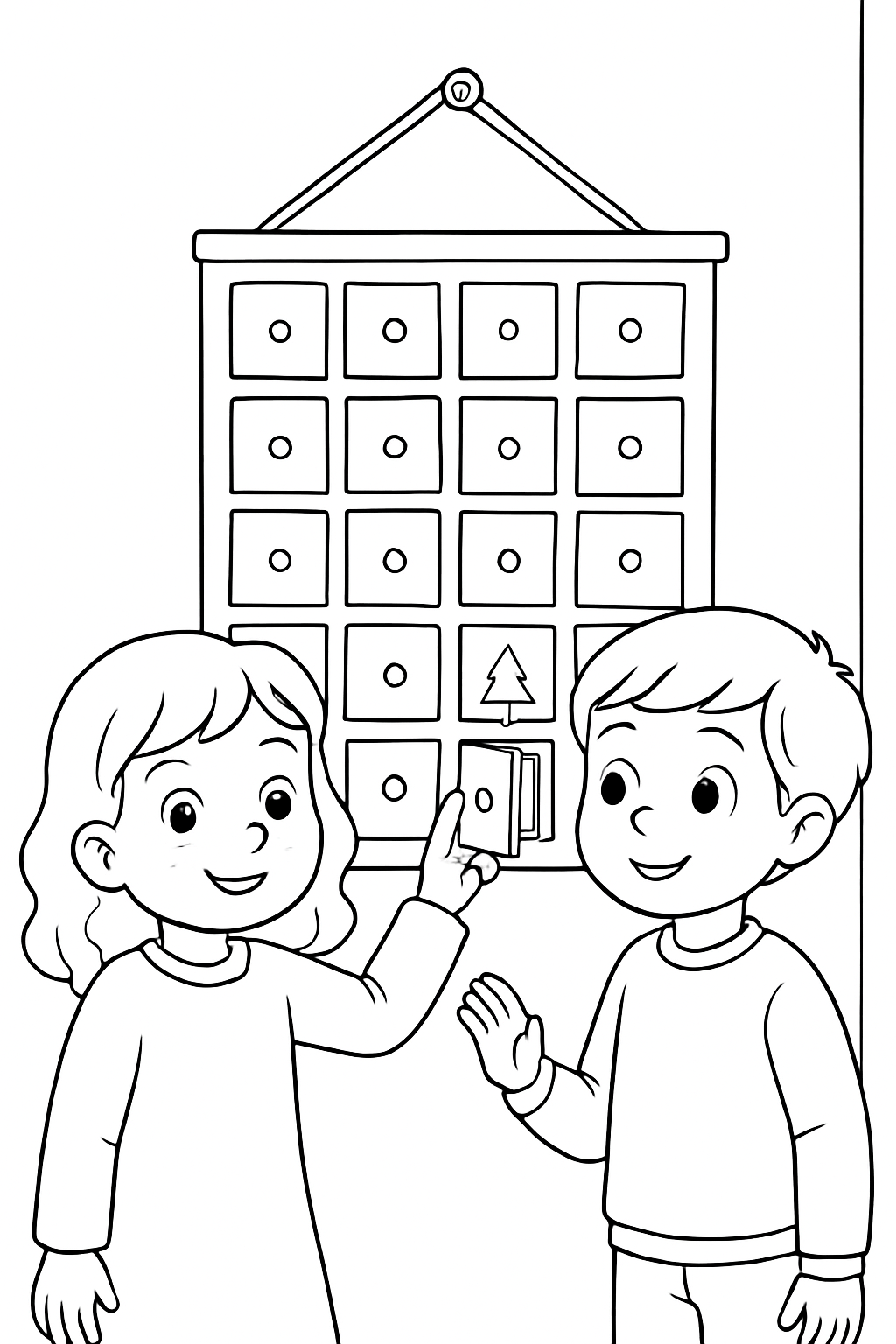 Free printable children counting days on a homemade Advent calendar coloring page for kids