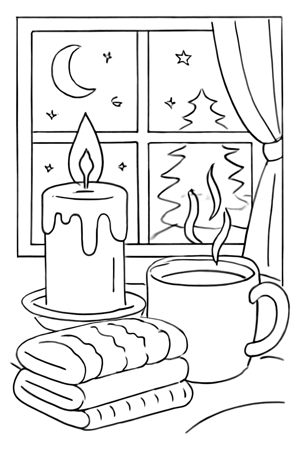 Free printable Advent evening scene with candles cocoa and blankets coloring page for kids