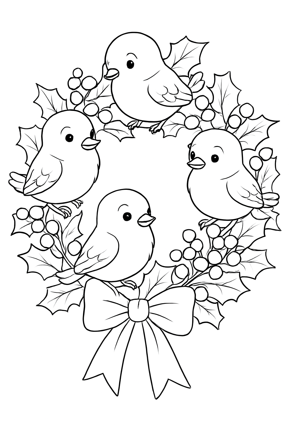 Free printable winter birds perched on an Advent wreath with berries coloring page for kids