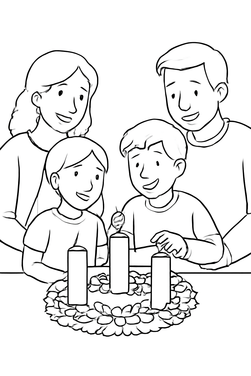 Free printable family lighting the first Advent candle together coloring page for kids