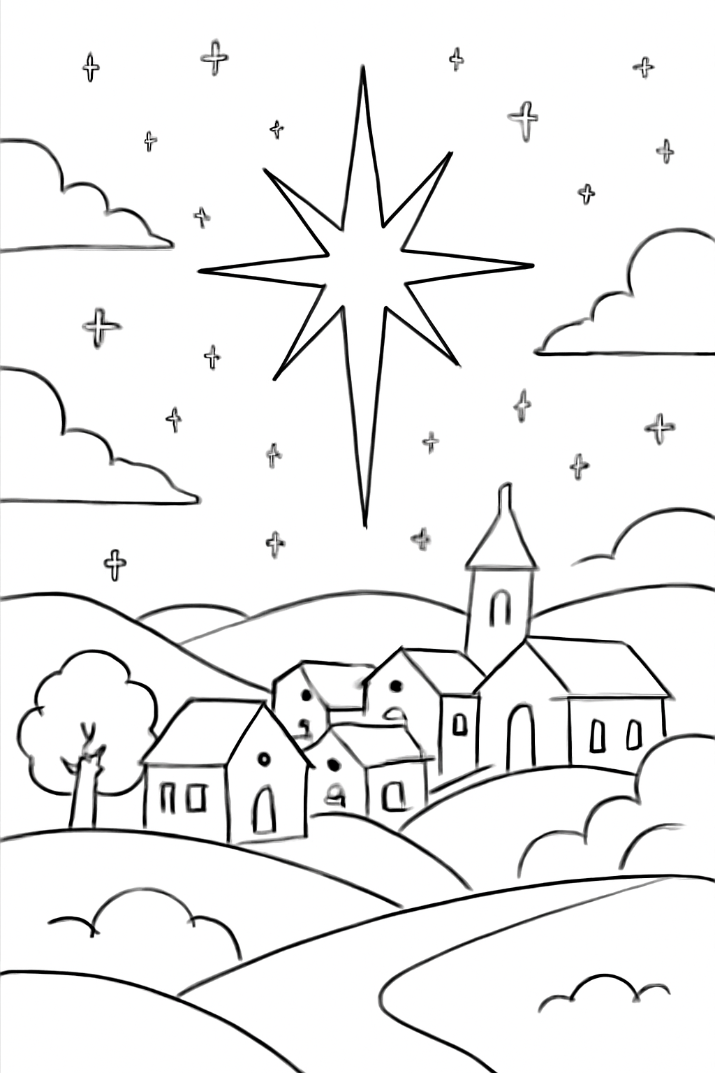 Free printable Advent night sky with one bright star over a village coloring page for kids