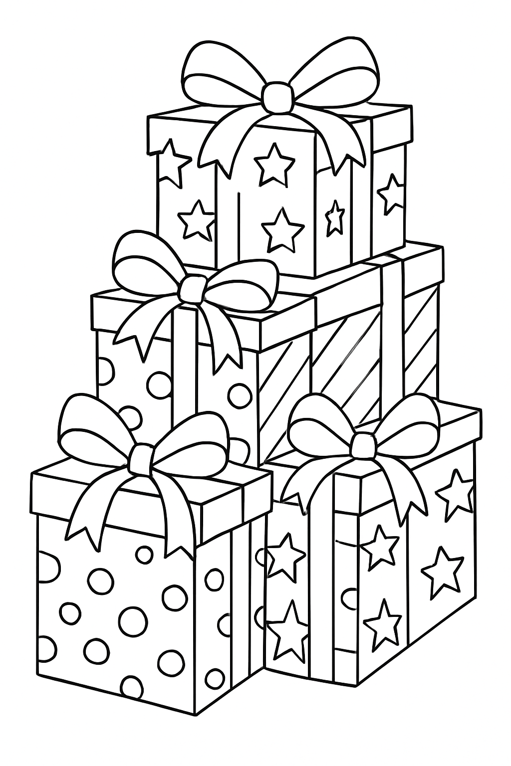 Free printable Advent gift boxes tied with ribbons and bows coloring page for kids