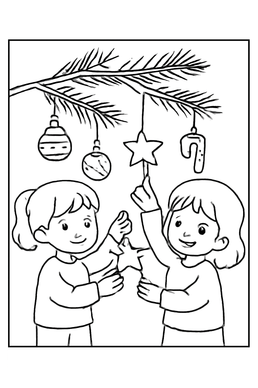 Free printable children hanging tiny ornaments on an Advent branch coloring page for kids