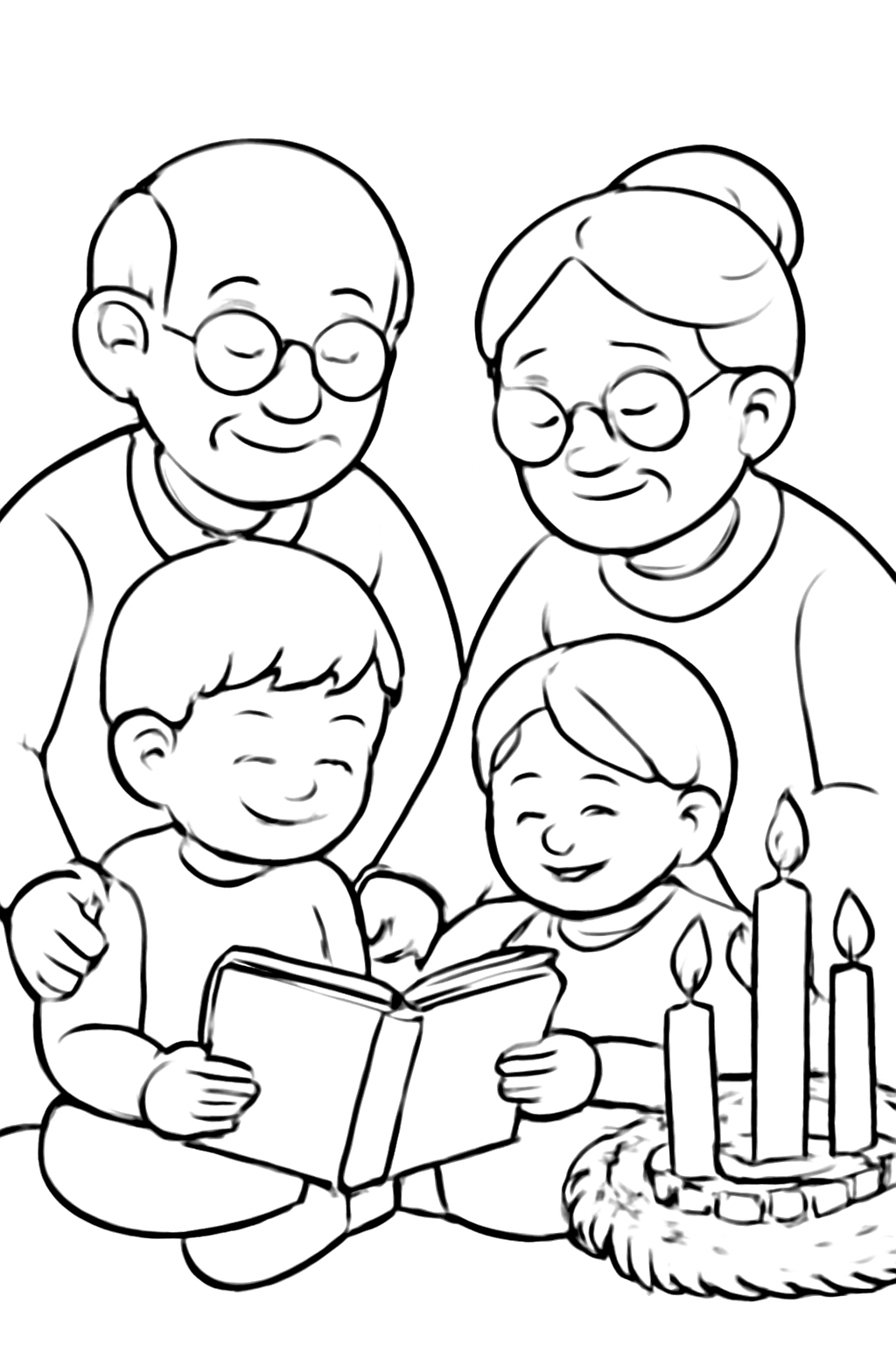 Free printable grandparents and children reading beside Advent candlelight coloring page for kids