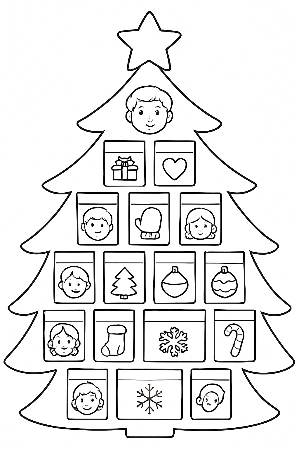 Free printable Advent calendar shaped like a fir tree with little pockets coloring page for kids