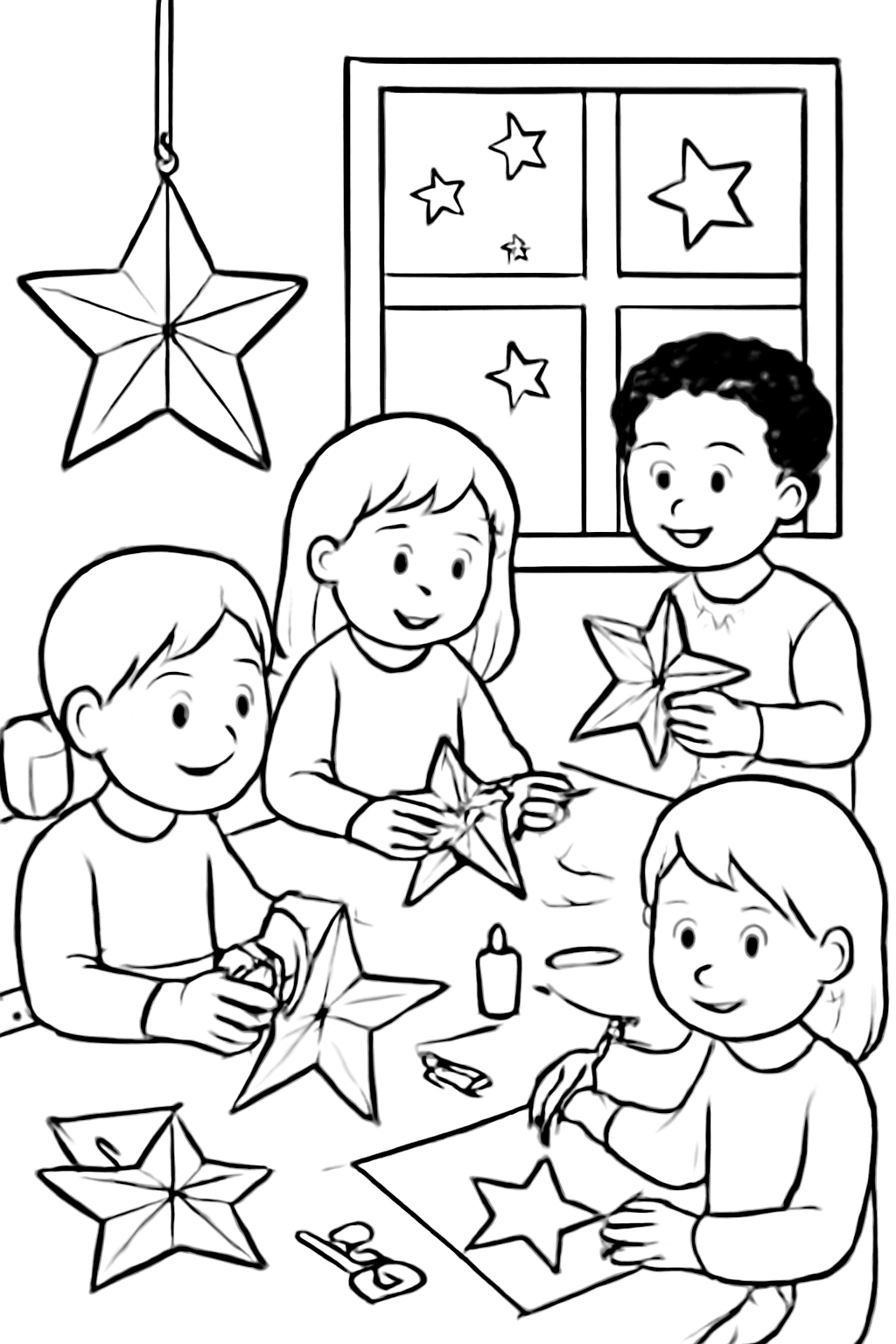 Free printable children crafting paper stars for Advent decorations coloring page for kids