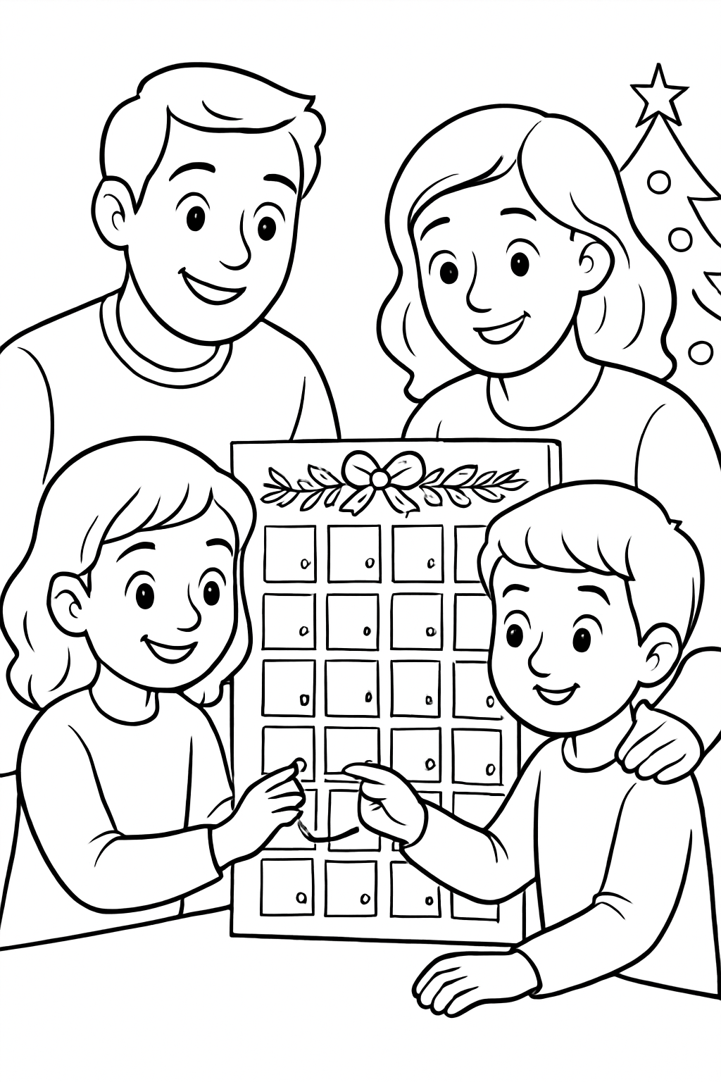 Free printable family opening a simple Advent calendar together coloring page for kids