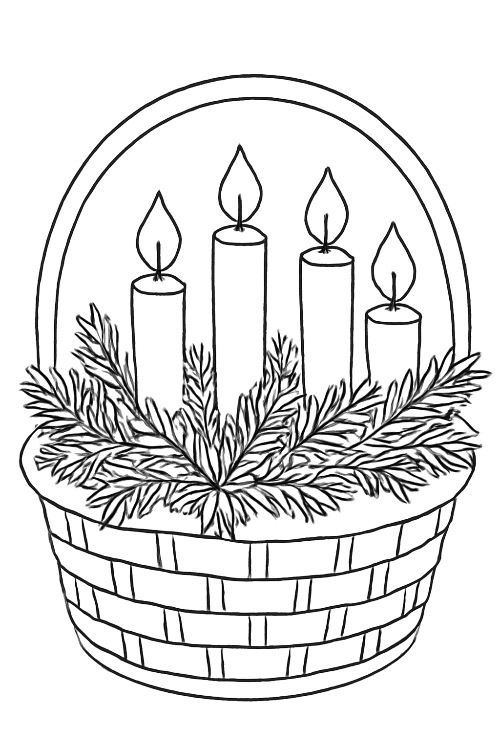 Free printable basket of evergreen branches and candles for Advent coloring page for kids