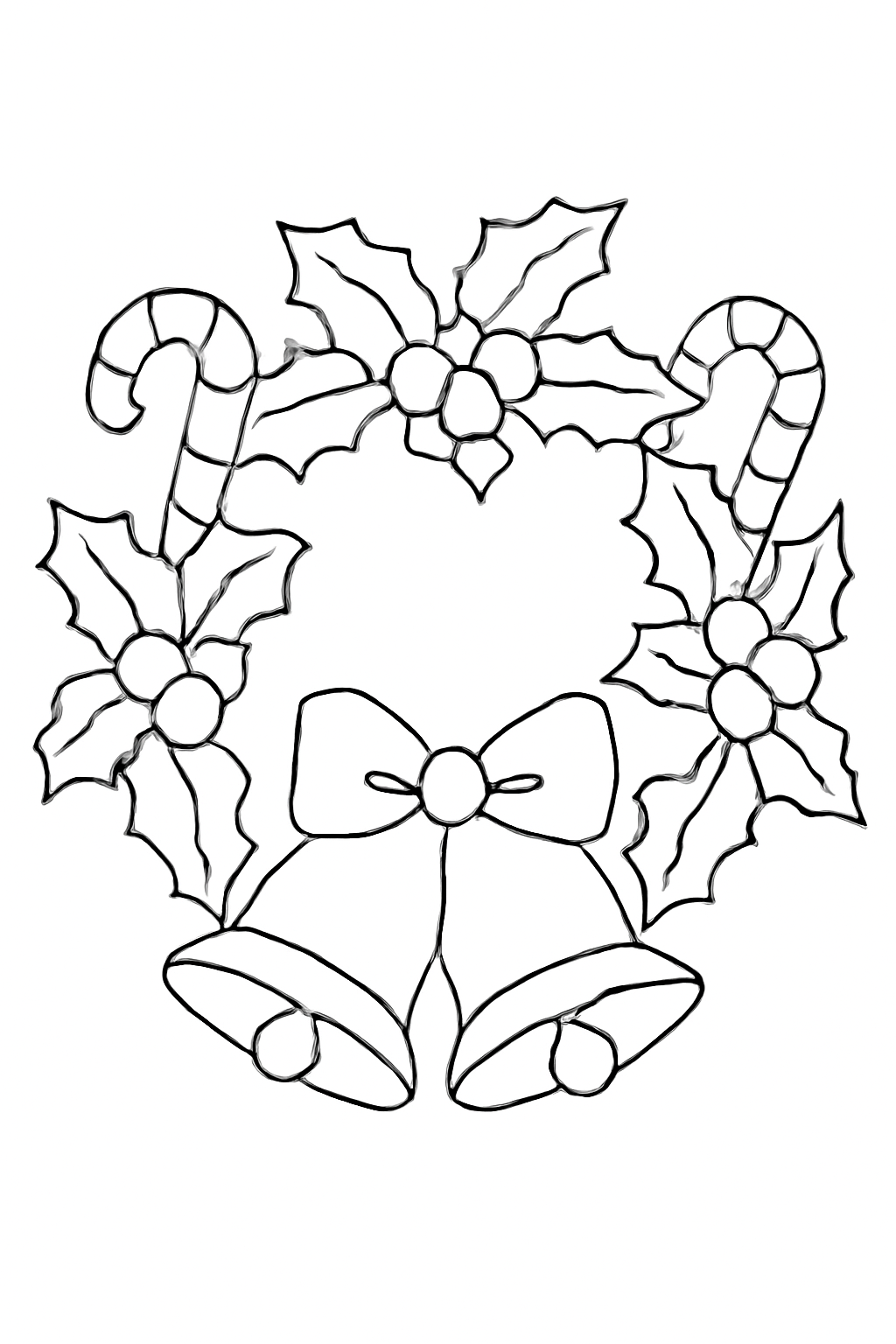 Free printable Christmas ornaments bells holly and candy canes arranged as a wreath coloring page