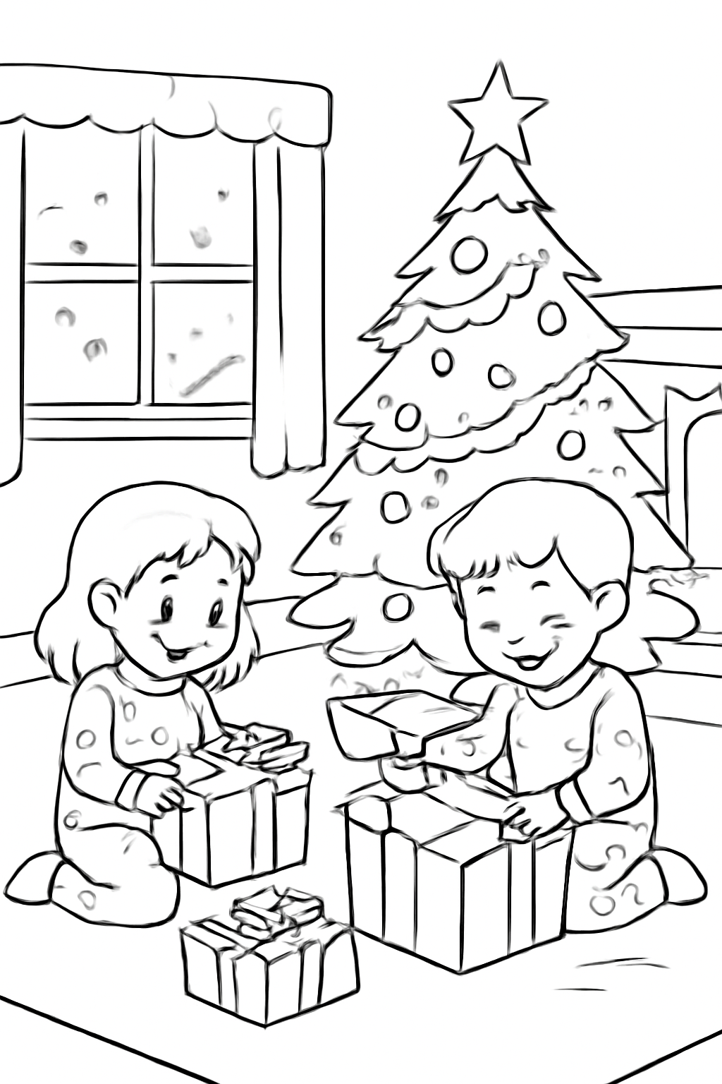 Free printable Christmas morning scene with children opening presents in pajamas coloring page for kids