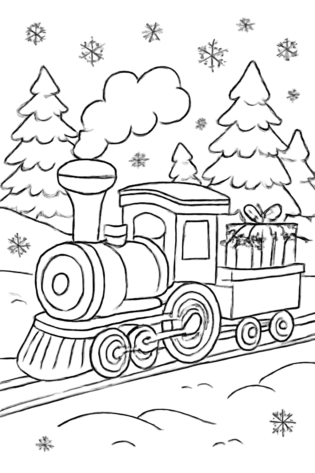 Free printable Christmas train carrying presents through a snowy forest coloring page for kids