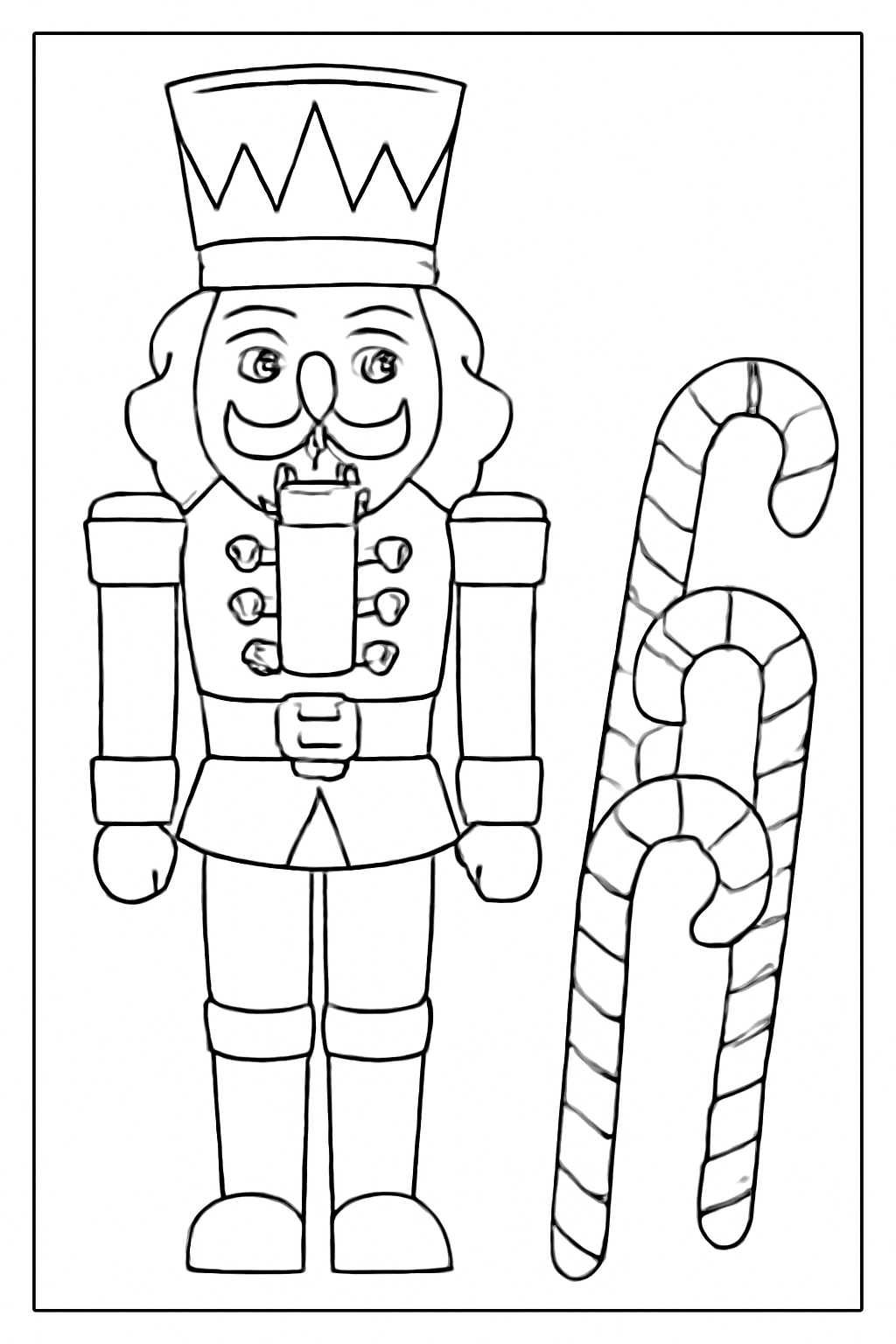 Free printable Christmas nutcracker soldier standing beside candy canes coloring page for kids