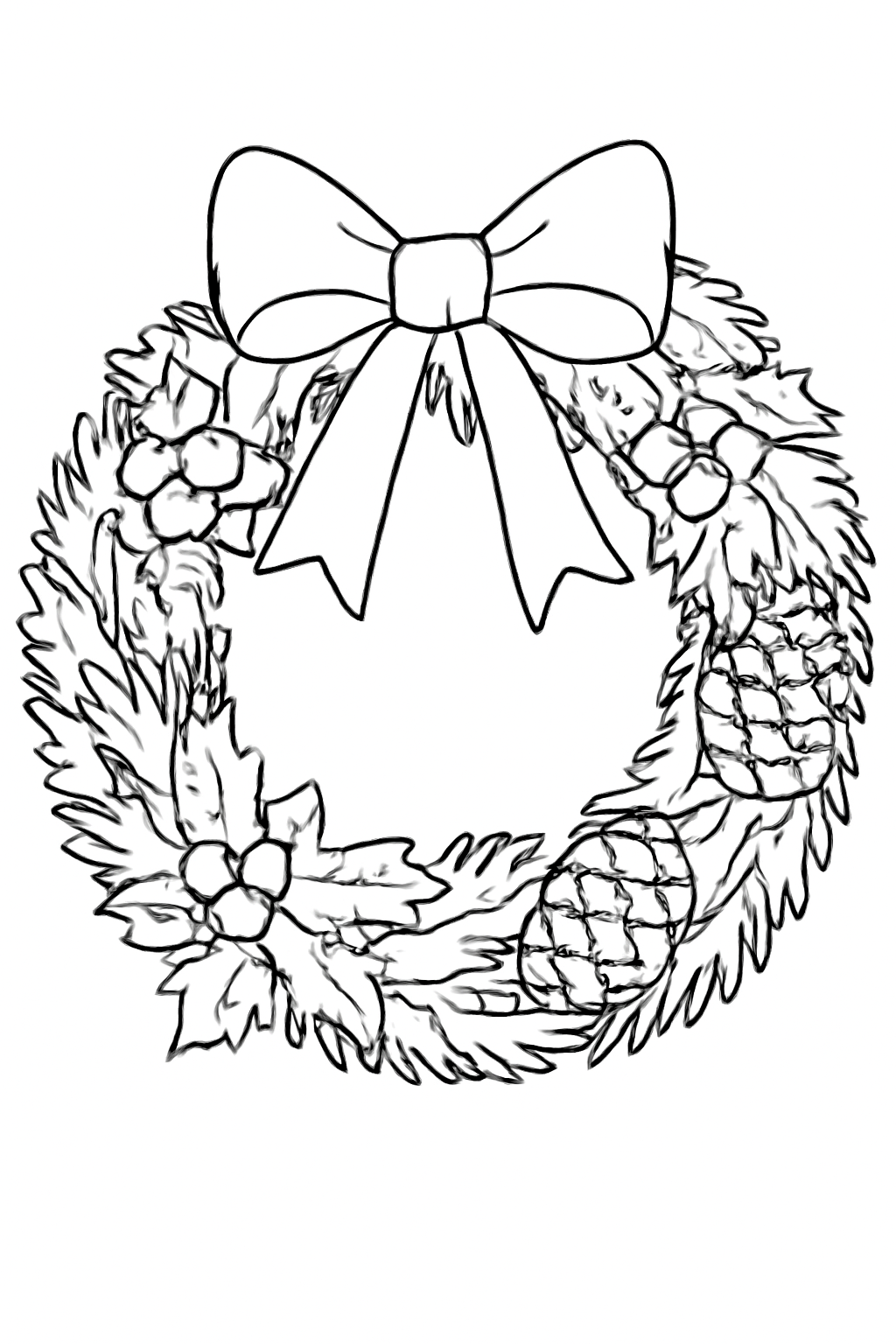 Free printable Christmas wreath with bows berries and pinecones coloring page for kids