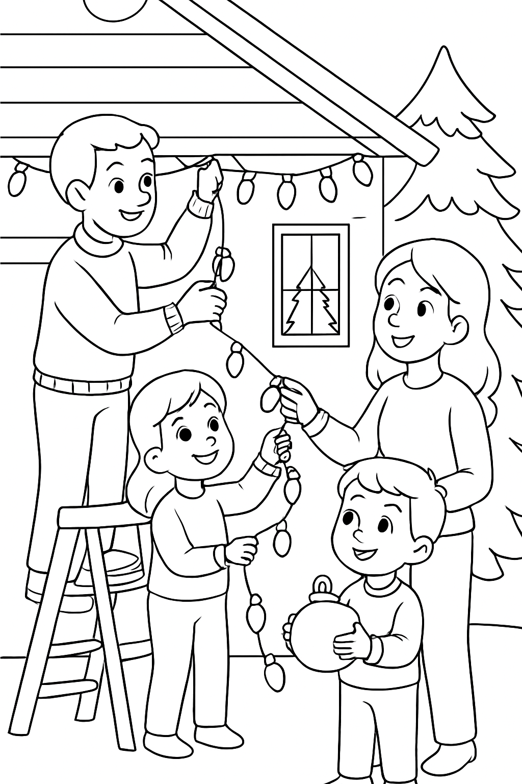 Free printable family hanging lights on the house for Christmas coloring page for kids