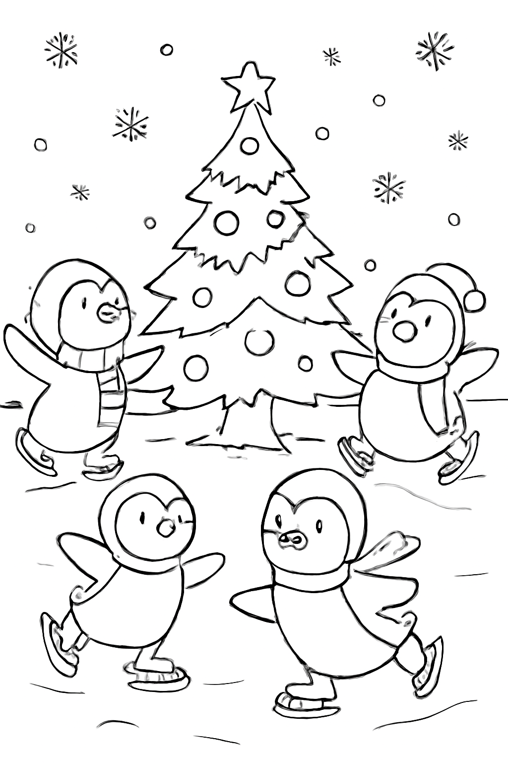 Free printable penguins ice skating around a Christmas tree coloring page for kids