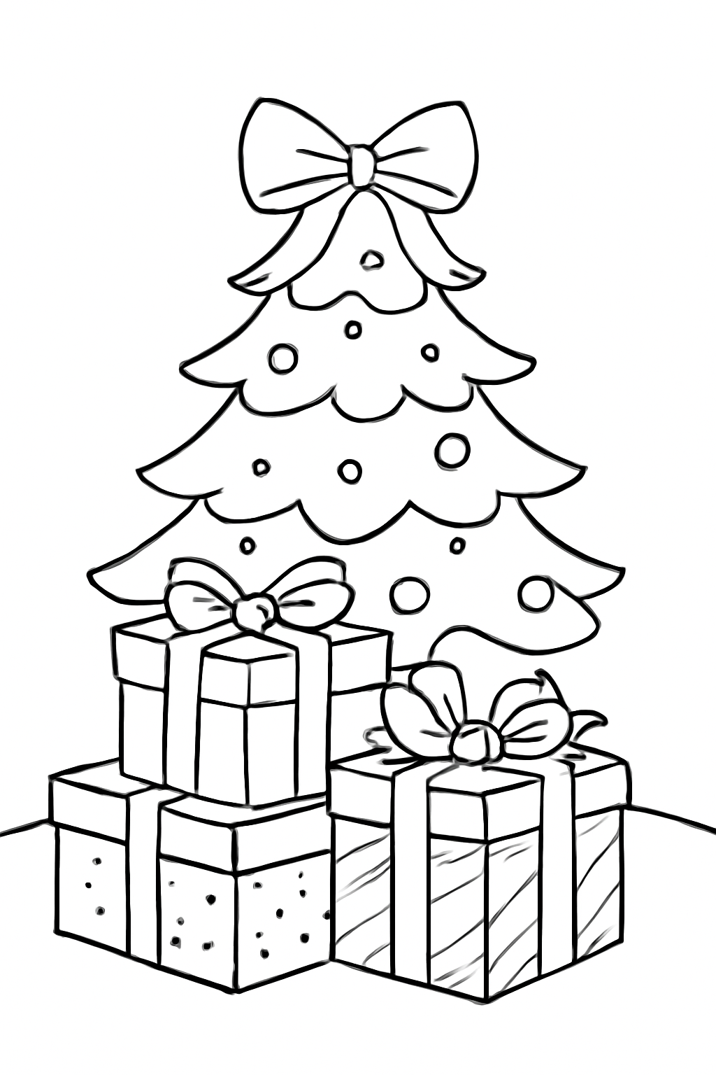 Free printable Christmas presents stacked beneath a ribbon-wrapped tree coloring page for kids