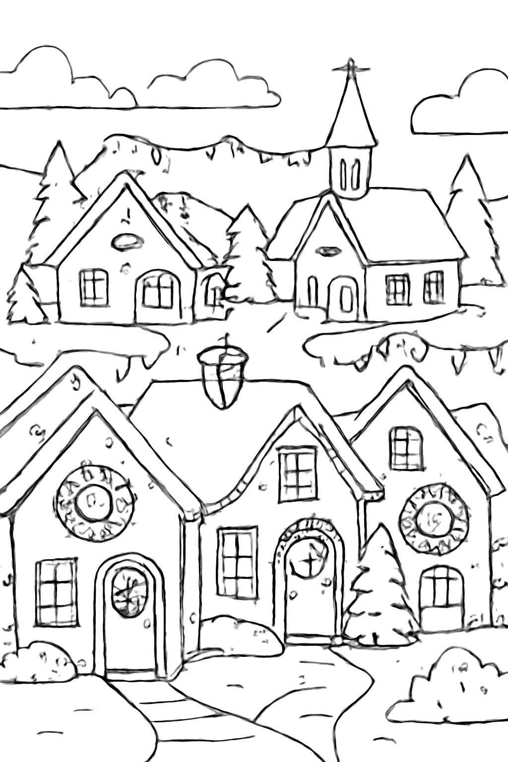 Free printable cozy Christmas village with wreaths and lights coloring page