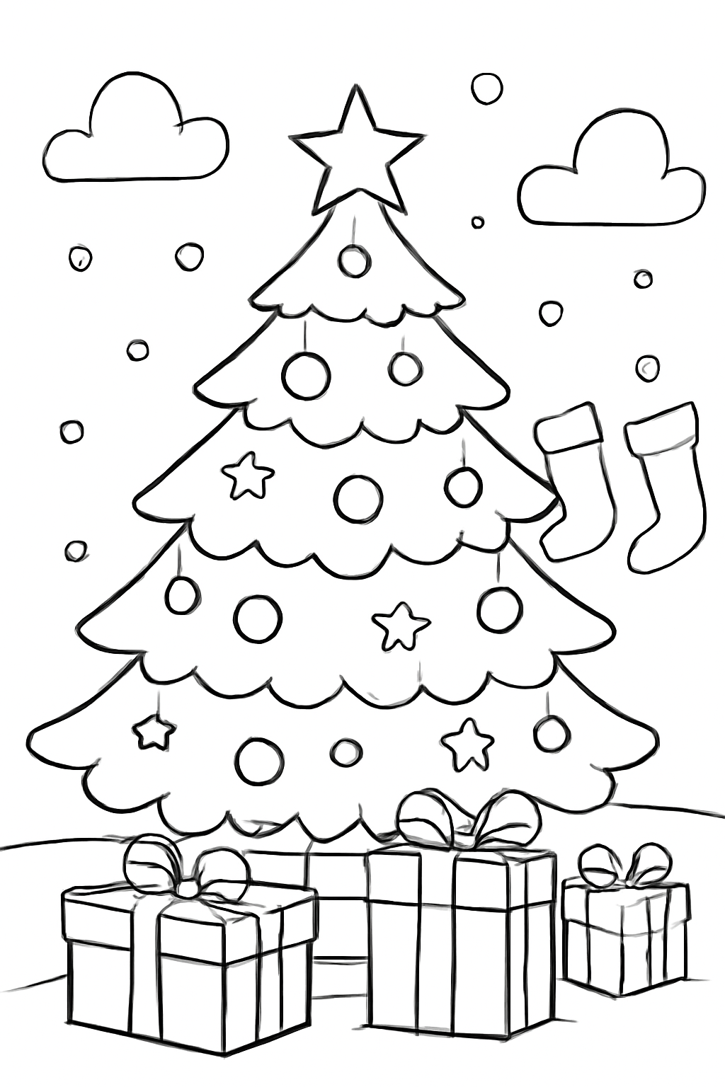 Free printable decorated Christmas tree beside wrapped gifts and stockings coloring page
