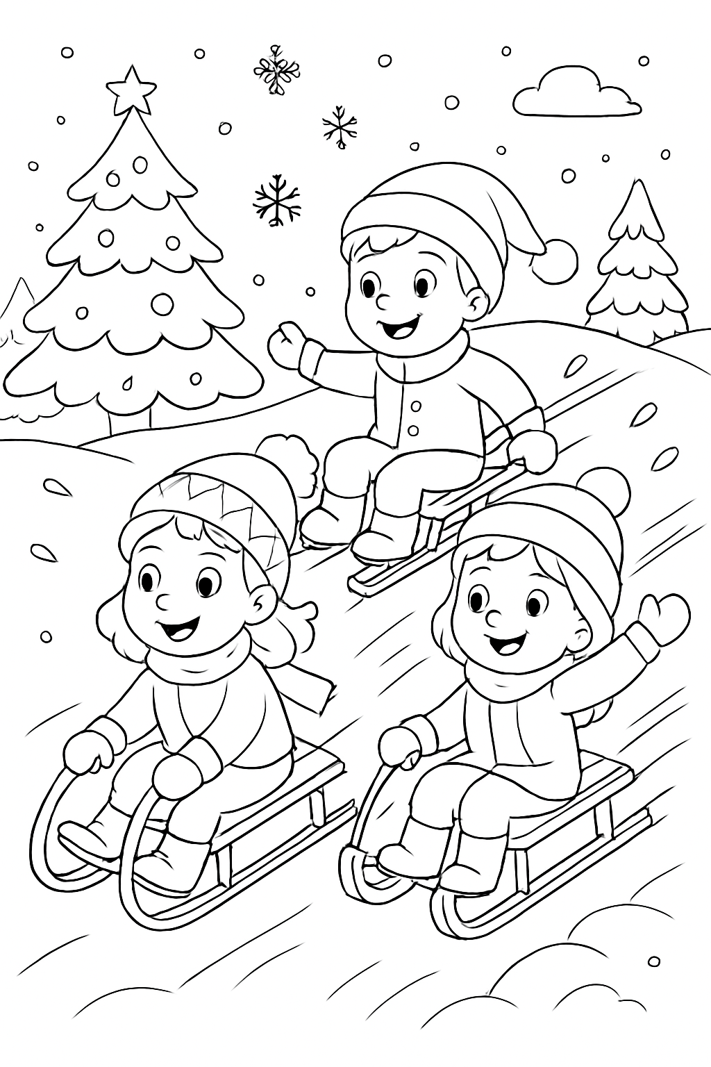 Free printable children sledding down a snowy hill on Christmas day coloring page for kids