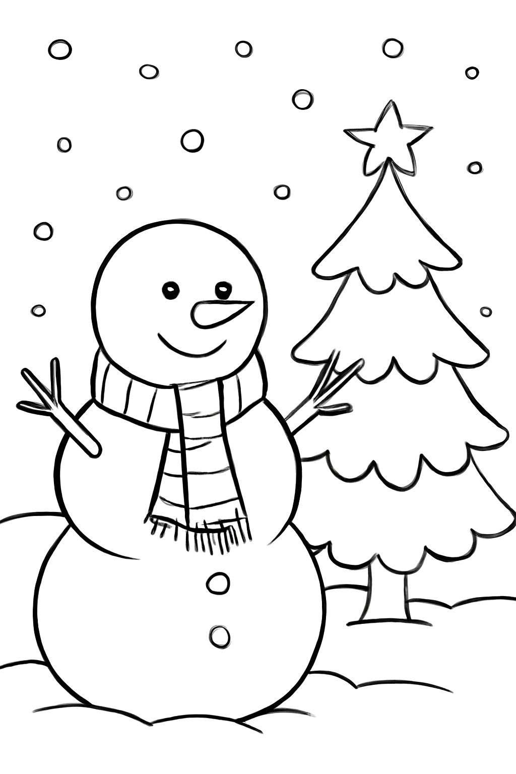 Free printable snowman wearing a scarf beside a Christmas tree coloring page for kids