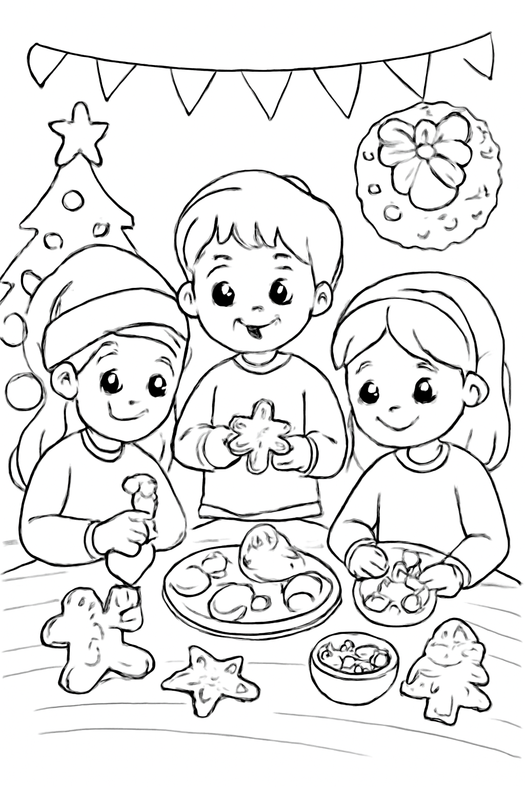Free printable children decorating gingerbread cookies for Christmas coloring page