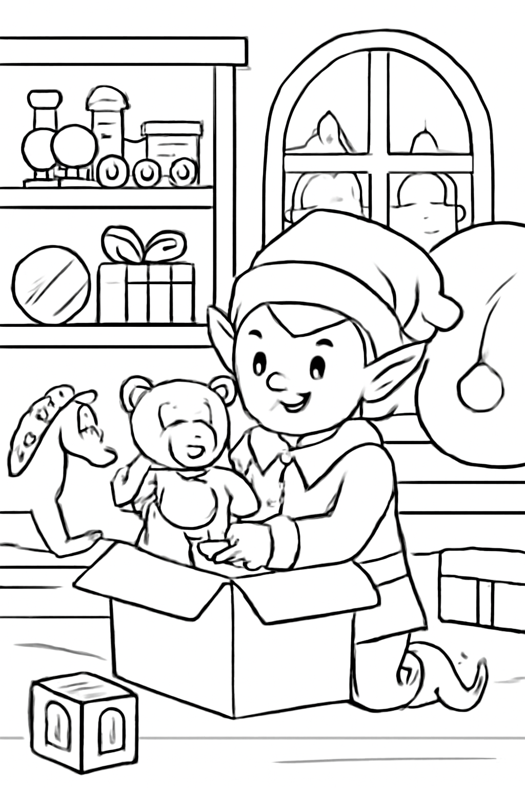 Free printable elf packing toys in Santa's Christmas workshop coloring page for kids