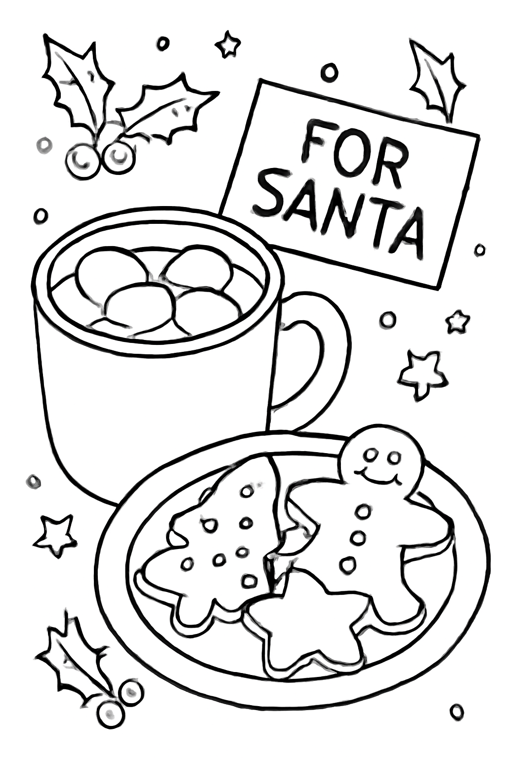 Free printable hot cocoa with marshmallows beside Christmas cookies for Santa coloring page for kids