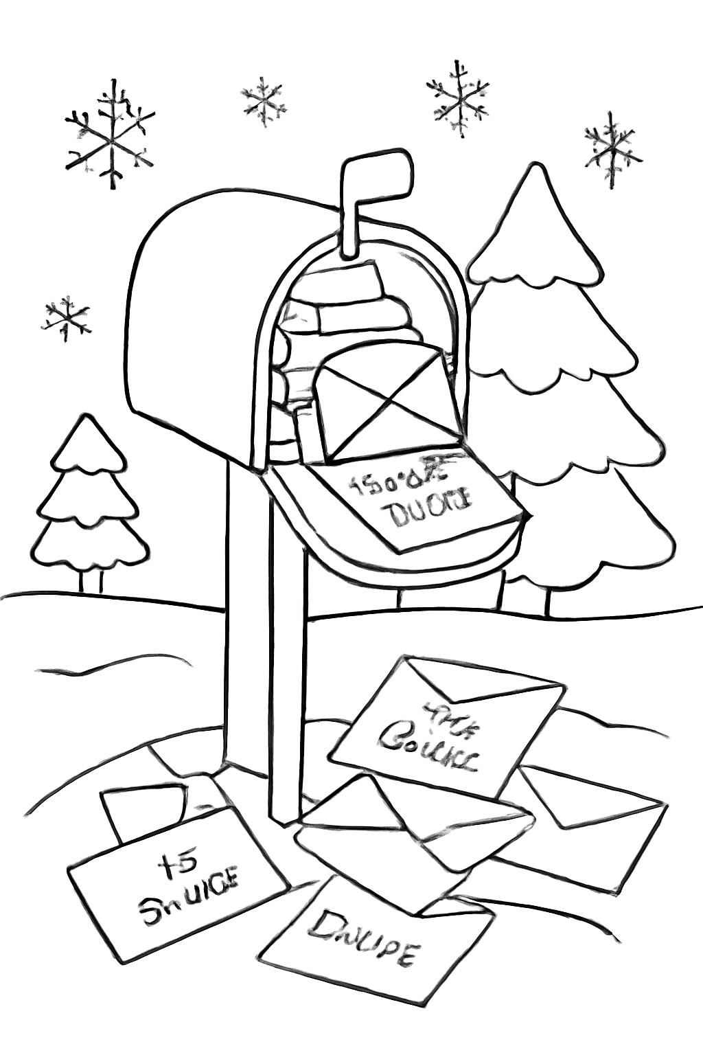 Free printable mailbox full of letters to Santa before Christmas coloring page for kids