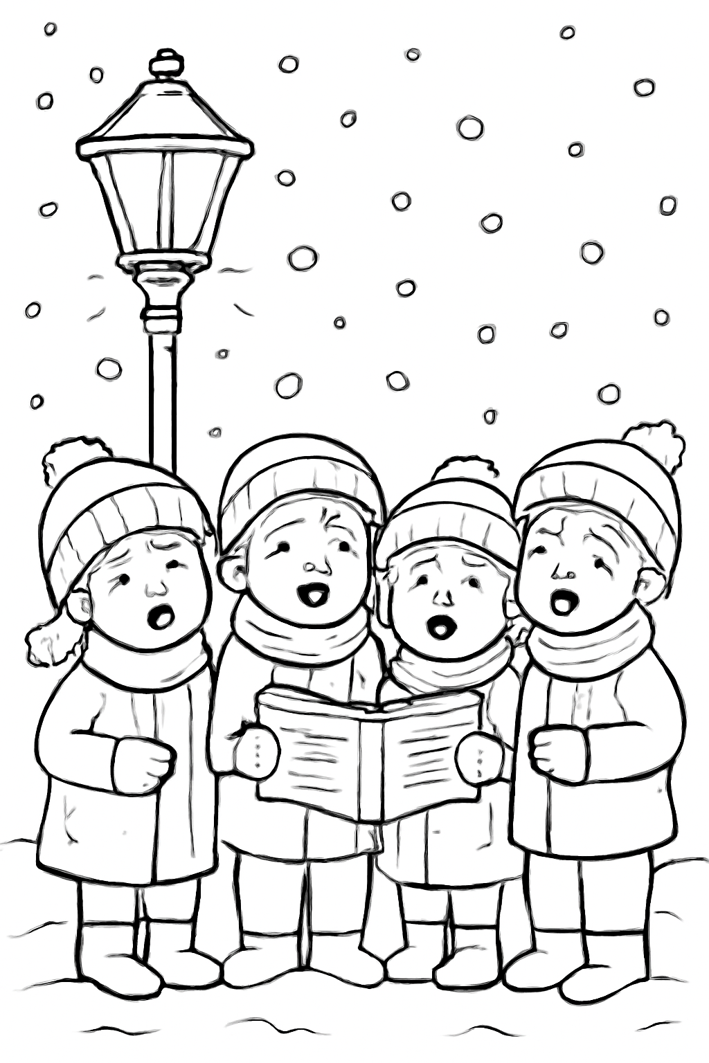 Free printable Christmas carolers singing beneath a lamppost in the snow coloring page for kids