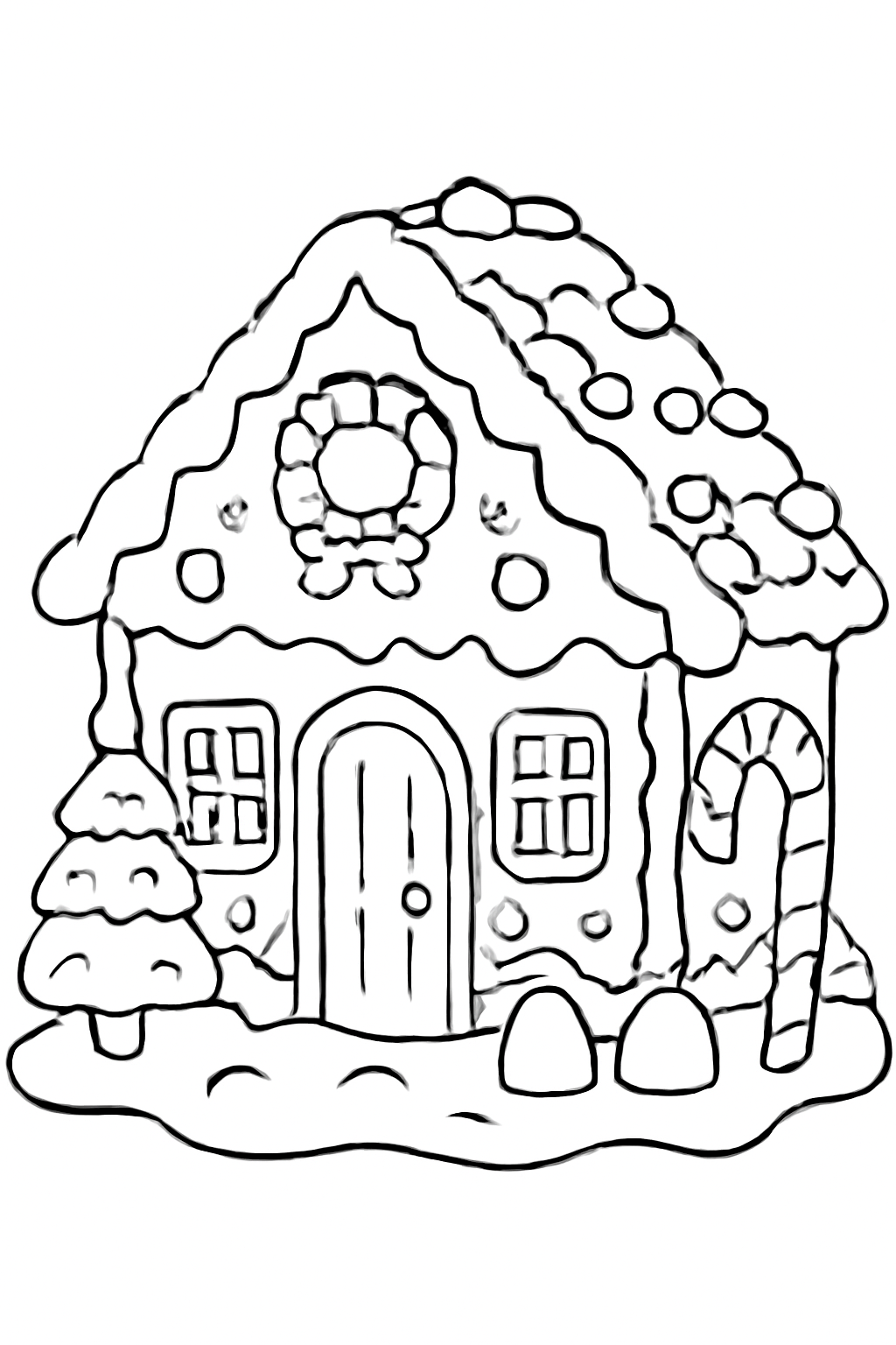 Free printable gingerbread house decorated for Christmas with icing and gumdrops coloring page for kids