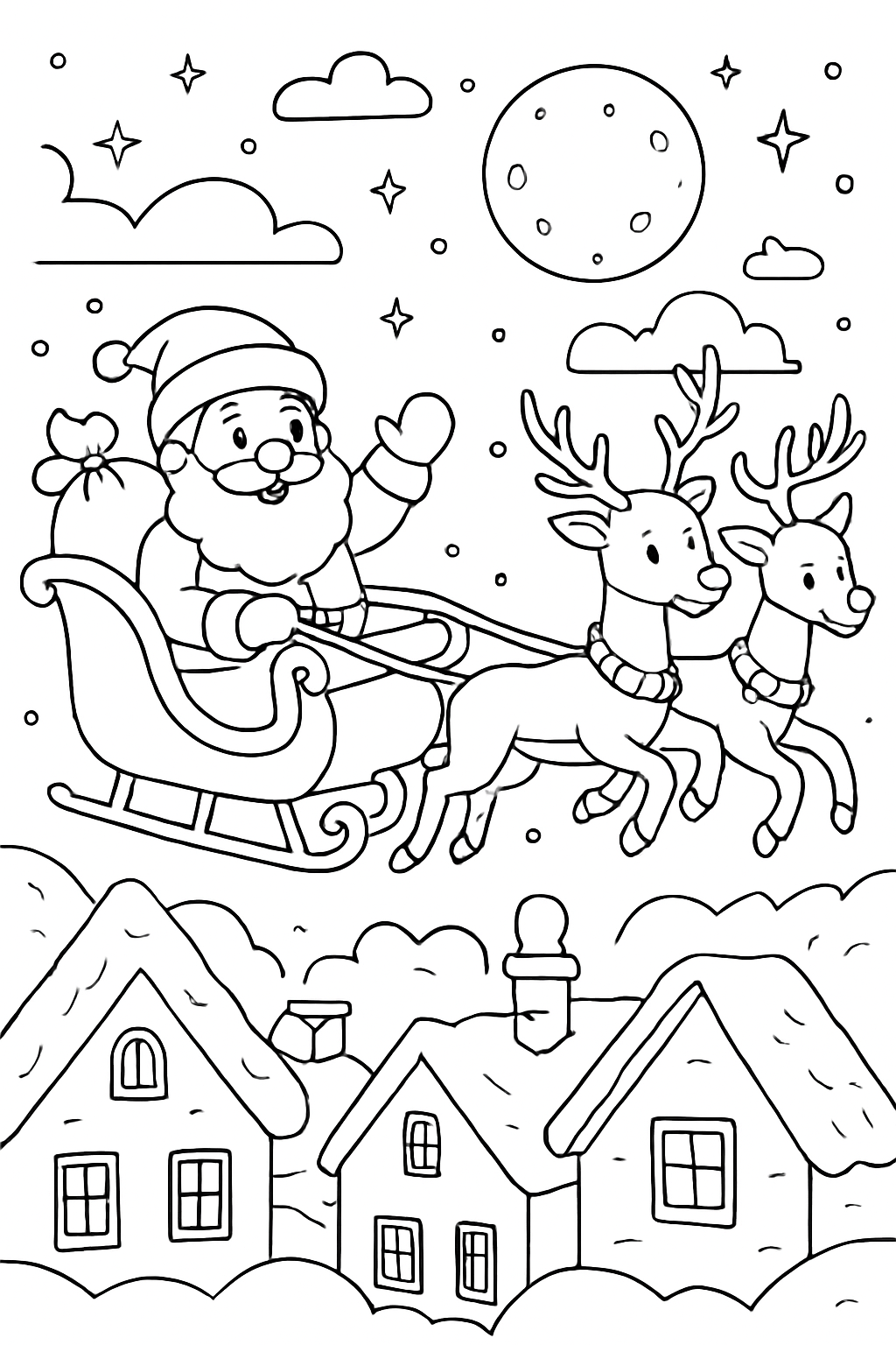 Free printable Santa's sleigh flying over snowy rooftops on Christmas Eve coloring page for kids
