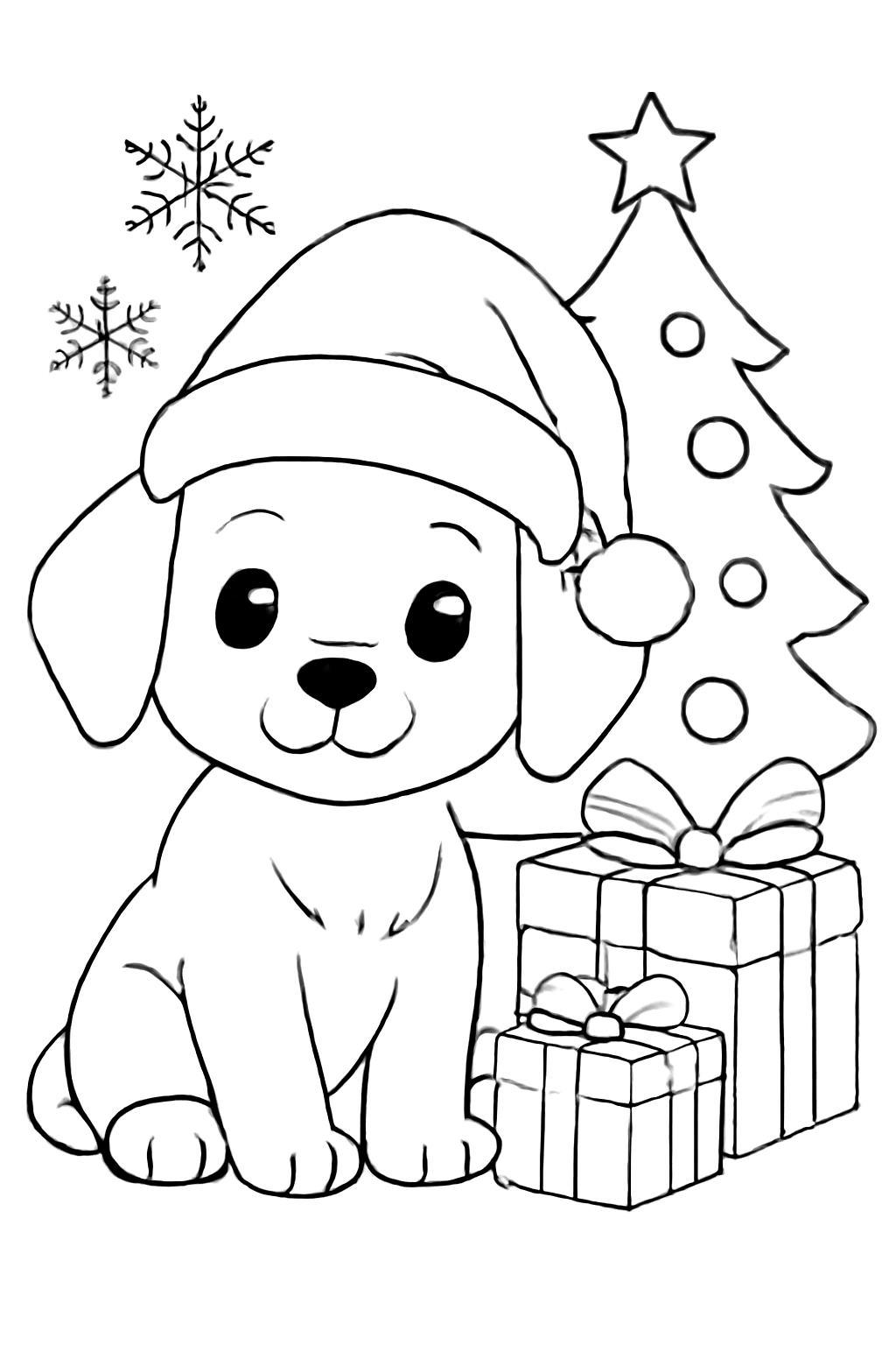 Free printable puppy wearing a Santa hat beside Christmas gifts coloring page for kids