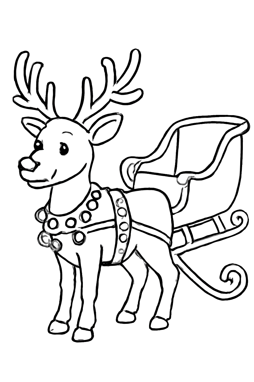 Free printable reindeer with jingle bell harnesses beside a Christmas sleigh coloring page for kids